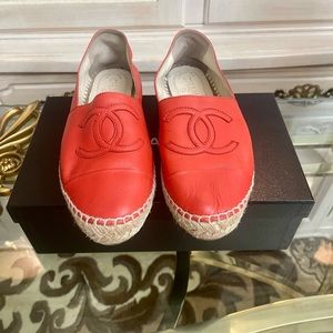Auth. CHANEL RED Espadrilles Leather Shoes Sandals Spain 38 7.5 8 Serial # RARE